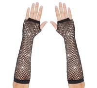 Lusofie Fishnet Gloves Fingerless With Rhinestone Long Fingerless Mesh Gloves for Women Girls 80s Halloween Scene Accessories(Black)