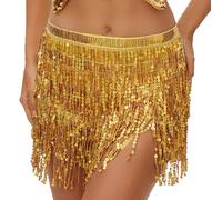 Lusofie Sequins Belly Dance Hip Skirt - Gold Tassel Latin Sparkle Fringe Rave Outfit for Women Girls (Tie-up Around Waist, S)