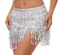Lusofie Sequins Belly Dance Hip Skirt - Silver Tassel Latin Sparkle Fringe Rave Outfit for Women Girls (Tie-up Around Waist, S)