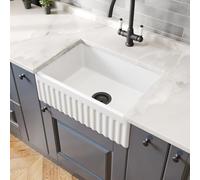 Lussena 605 x 405mm Fluted Ceramic Belfast Kitchen Sink Drop in Single Bowl 1.0 with Free Matt Black Basket Strainer Waste