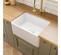 Lussena® 605 x 457mm Ceramic Belfast Kitchen Sink Sit-on Installation Single Bowl 1.0 One Rectangular Gloss White Basin Free Basket Strainer Waste