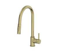 Lussena® Carena Kitchen Sink Mixer Tap Pull Out Dual Spray Head 180 Degree Swivel Spout Brass Body Single Lever for Sinks Modern Round, Brushed Brass