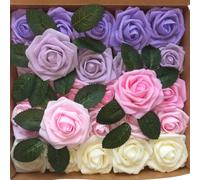 LUSSO LIA 25 pcs Decorative Artificial Flower Foam Roses with Bendable Stems for Wedding Bouquet, Anniversary, Valentine's Day, Table and Home Decoration, DIY, and Arts and Crafts (Lilac and Pink)