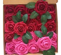 LUSSO LIA 25 pcs Decorative Artificial Flower Foam Roses with Bendable Stems for Wedding Bouquet, Anniversary, Valentine's Day, Table and Home Decoration, DIY, and Arts and Crafts (Red and Pink)