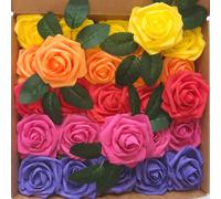 LUSSO LIA 25 pcs Decorative Artificial Flower Foam Roses with Bendable Stems for Wedding Bouquet, Anniversary, Valentine's Day, Table and Home Decoration, DIY, and Arts and Crafts (Rainbow)