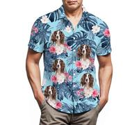 Lussues Nee English Springer Spaniel Hawaiian Shirts for Men,Button Down Beach Casual Shirtss, Blue, XXL