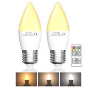 Lustaled 4W Remote Control Light Bulb, E27 Candle LED Screw in Bulbs Dimmable, ES 40W Equivalent 3 Colors & Timer 3000K/4000K/6000K Warm to Cool Energy Saving Bulb for Lamps, 2-Pack