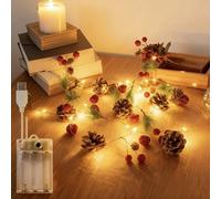 Lustaled 6.56FT Christmas Garland With Lights, Christmas Garland Decorations with Pine Cones Red Bells, USB/Battery Power Fairy Lights 8 Modes for Xmas Mantle Table Fireplace Stair Wall Door