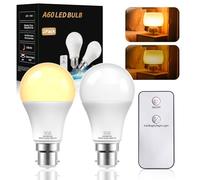 Lustaled B22 Bayonet Light Bulb with Remote Control, 3000K Warm White, 2 Light Mode, 9W B22 LED Bulb All-On 600LM, 1W Night Light Bulb 60lm, A60 Energy Saving Light Bulbs Non-Dimmable - 2Pack