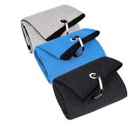 LUSTEMBER 3 Pack Large Golf Towels, 16" x 24" Tri-Fold Portable Microfiber Fabric Waffle Pattern Golf Towel for Golf Bag with Carabiner Clip to Quickly Remove Sand, Mud, Dirt and Sweat
