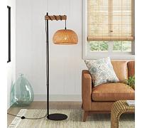 LUSTORM 1 Industrial Tall Floor Lamp for Living Room Bamboo Lampshade, Black Lights Fixtures with Cord Switch E27 Industrial Modern Wire Wood Decoration Standing Lamp for Bedroom