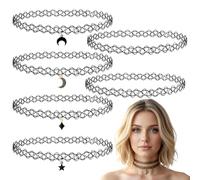 LUSTRIB 6 Pcs Black 90s Tattoo Choker Necklace Set, Stretchy Elastic Y2K Tattoo Choker with Moon Star Rhombus Pendant, Gothic Vintage Choker Necklaces for Women Girls (5 Styles)