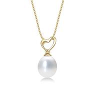 Lustrous Genuine Pearl Necklace with 8-8.5mm White Real Freshwater Pearl Drop Pendant. Gold Tilting Heart Necklace with Single Pearl Drop set in Luxurious 9K Yellow Gold with 18 inch Gold Chain.