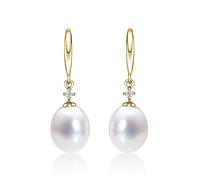 Lustrous Pearl Earrings, Shiny Genuine Freshwater Pearls & Sparkling Cubic Zirconia set in Luxurious 9K Yellow Gold. These Dangling Gold Pearl Drop Earrings are a Lovely Gift for Women