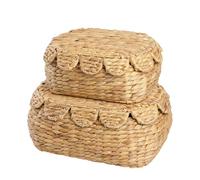 LUSYDECO Round Wicker Storage Baskets with Lid, Rattan Basket Decorative Boxes, Woven Storage Box Hyacinth Basket with Lids, Scalloped Edge Wicker Basket with Lid, Set of 2