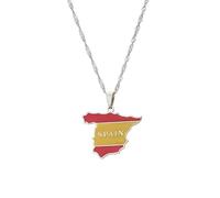LUTAKU Spanish Map and Flag Necklace for Women Men, Spanish Necklace Pendant Charm, Stainless Steel Map Jewelry Accessories (silver)