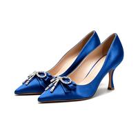 Lutalica W Women Pointed Toe Slip On Satin Rhinestone Bow Stiletto Pumps Blue Size 7.5