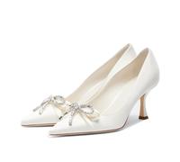 Lutalica W Women Pointed Toe Slip On Satin Rhinestone Bow Stiletto Pumps White Size 5.5