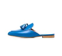 Lutalica W Women's Flat Heel Tassel Mules Backless Slip-On Loafer Mules Closed Toe Casual Flat Mules Shoes for Work Office Travel Blue Size 8