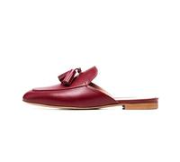 Lutalica W Women's Flat Heel Tassel Mules Backless Slip-On Loafer Mules Closed Toe Casual Flat Mules Shoes for Work Office Travel Burgundy Size 7