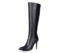Lutalica W Women's Pointed Toe Pu Leather Stretchy Stiletto High Heel Knee High Boots with Zipper Black Size 37