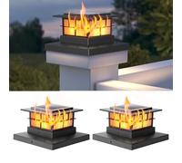 LUTEC 2 Pack Solar Post Cap Lights, IP65 Waterproof Solar Flame Fence Post Lights for 4x4 5x5 6x6 Wooden/Vinyl Posts, Flickering Flame Warm White 3000K LED Lighting Decor for Yard, Patio, Deck, Black