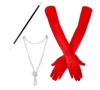 LUTER 1 Set Pearl Necklace Red Gloves and Plastic Holder Costume Accessories Set Opera Evening Party 1920s for Fancy Dress Women Parties Balls Cosplay, M