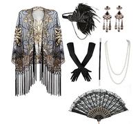 LUTER 1920s Flapper Accessories Set for Women, 7pcs Roaring 20s Accessories 1920s Accessories for Gatsby Including Fringed Evening Cape Scarf, Long Satin Gloves, Headband, Pearl Necklace, Earrings