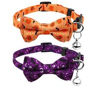 Luter 2 Pack Adjustable Cat Collar with Bell - Halloween Breakaway Kitten Collar 28 x 1cm/11 x 0.39inch - Puppy Decoration Accessories (Pumpkin, Skull)