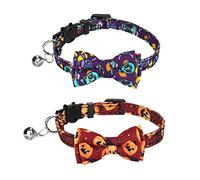 LUTER 2 Pack Halloween Cat Collar Breakaway with Removable Bow Tie with Bell Adjustable Halloween Cat Kitten Accessories Decor (Pumpkin, Skull)