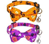 LUTER 2pcs Halloween Cat Collar, 11.8x0.39 Inch Adjustable Cat Collar with Bell, Bow, Pumpkin Print, Orange, Purple