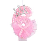 LUTER Birthday Number Candles, 2.95 Inch Crown Bow Mesh Candle Glitter Pink Number Candles Cake Topper Birthday Candles with Sequins for Anniversary Celebrations Supplies (Number 6) A24208-17
