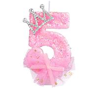 LUTER Birthday Number Candles, 2.95 Inch Crown Bow Mesh Candle Glitter Pink Number Candles Cake Topper Birthday Candles with Sequins for Anniversary Celebrations Supplies (Number 5) A24208-17