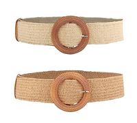 Luter Elastic Waist Belts for Dresses, Straw Braided Wooden Buckle Summer Beach Dress Belts Ladies (White, Light Tan) A29139