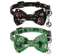 LUTER Halloween Cat Collar, 11.8x0.39 Inch Adjustable Kitty Collar with Bell, Bow Tie, Pumpkin Print - Green & Black