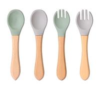 LUTER Silicone Baby Fork and Spoon Set, 2pcs Silicone Forks 2pcs Silicone Baby Spoons Self Feeding 6+ Months Wooden Handle Baby Led Weaning Spoons Utensils for Training (Gray, Green)