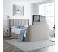 Luther Warm Stone Velvet Winged Ottoman Electric Media Tv Bed Frame - 6Ft Super King Size