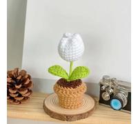 Lutoku Cute Knitted Flower Plant, Kawaii Handmade Crochet Flowers,Small Potted Artificial Flower Plants, Desk Home Car Dashboard Decorations (Tulip-White)