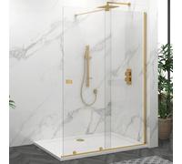 Luton 1400mm Brushed Brass Walk in Sliding Shower Door Screen for Wet Room Cubicle Enclosures 8mm Toughened Safety Glass - 1950mm Tall