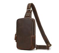 LUUFAN Genuine Leather Chest Bag for Men Crossbody Sling Bag Multi Pocket Shoulder Messenger Bag for Sport Outdoor Hiking, Brown