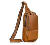 LUUFAN Genuine Leather Chest Bag for Men Women Everyday Crossbody Sling Bag Multi Pocket Shoulder Messenger Bag for Sport Outdoor, Light Brown