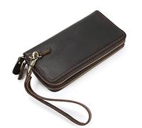 LUUFAN Genuine Leather Double Zipper Long Wallet Large Capacity Purse Clutch Bag Handbag Pouch Cash Cards Checkbook Wallet, Dark Brown