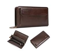 LUUFAN Genuine Leather Wallet Double Zipper Large Capacity Long Purse Clutch Bag Handbag Pouch Business Cash Cards Phone Holder, Coffee