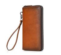 LUUFAN Genuine Leather Wallet Long Wallet with Zipper Large Capacity Purse Clutch Bag Handbag Pouch Business Cash Cards Phone Holder, Brown Yellow