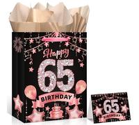 LUUFILx Rose Gold 65th Birthday Gift Bag with 65th Birthday Greeting Card and Tissue Paper for Women Rose Gold Christmas 65 Bday Gift Wrap Bag for 65 Years Old Party Decorations Supplies