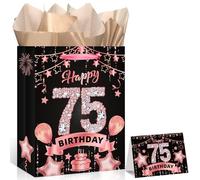 LUUFILx Rose Gold 75th Birthday Gift Bag for Women Party Favor Bags with Wrapping Paper Card Rose Gold Christmas 75 Birthday Gift Wrap Bag for 75 Years Old Party Decorations Supplies