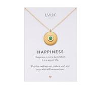 LUUK LIFESTYLE Plain coin necklace with green stone pendant and HAPPINESS card, lucky charm and friendship gift, gold
