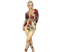 LuuMingCM Shining Nightclub Diamond Slim Fit Women Jumpsuits Birthday Party Singer Dancer Stage Clothes Rose Pattern Rompers (Brown, One Size)