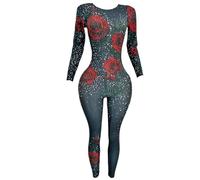 LuuMingCM Women Shining Nightclub Diamond Slim Fit Jumpsuits Romantic Rose Pattern Rompers Birthday Party Singer Dancer Stage Clothes (Black, One Size)