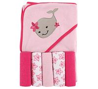 Luvable Friends Unisex Baby Hooded Towel with Five Washcloths, Girly Whale, One Size